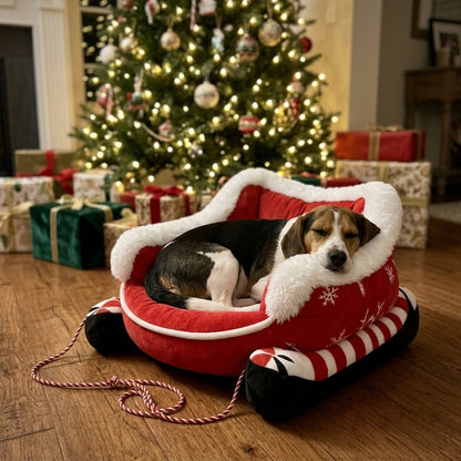 Beagle durmiendo en la cama trineo junto al árbol de Navidad