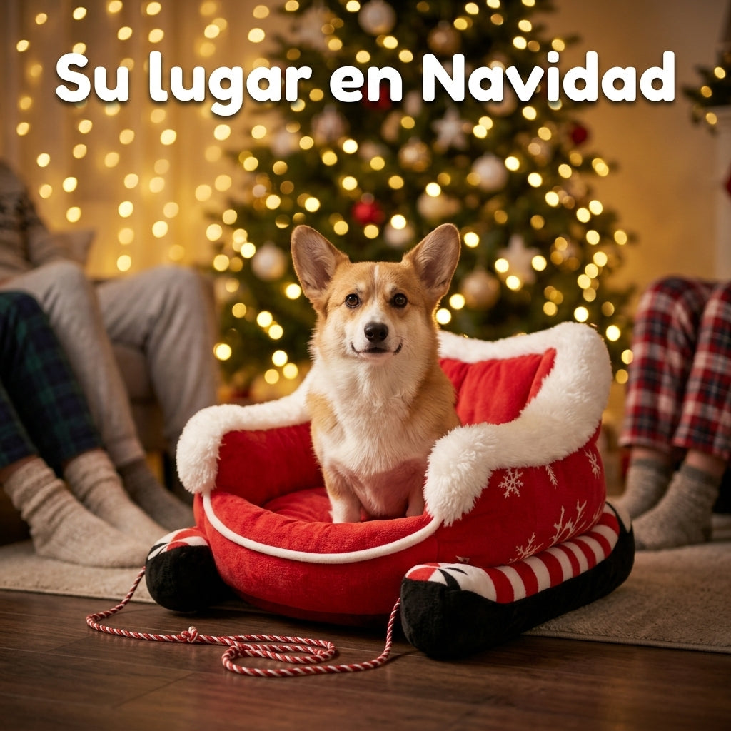 Corgi sentado en su cama trineo junto al árbol